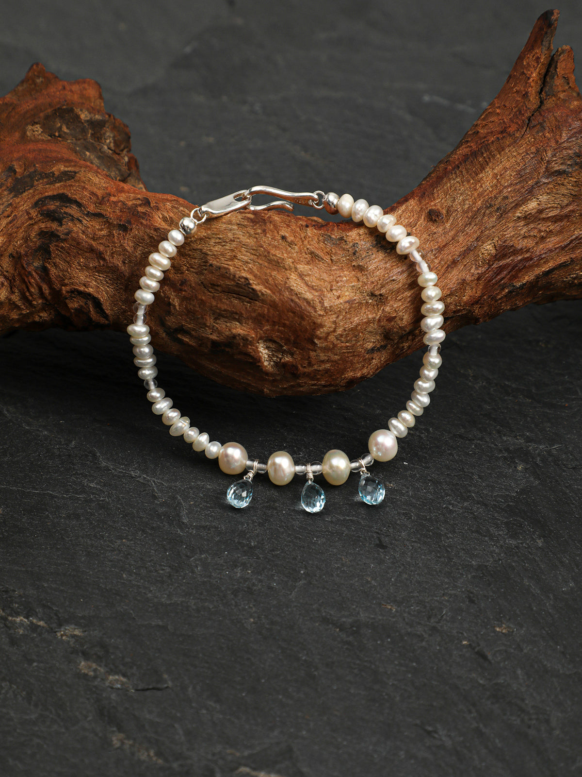 Faceted Blue Topaz Dangles & Freshwater Pearl /Emotional Healing & Clarity/ "Tears of the Sea" Bracelet