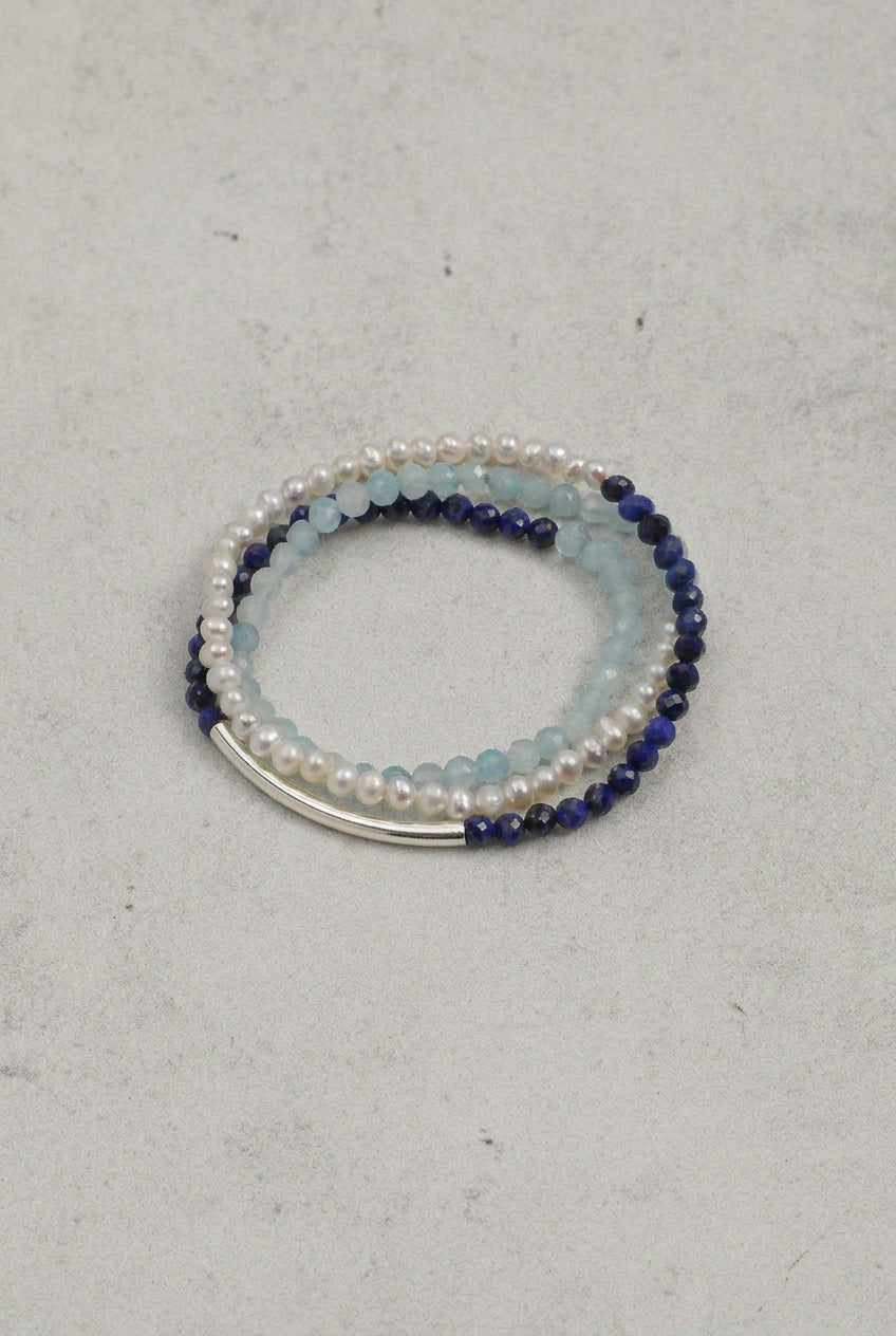 Aquamarine, Lapis Lazuli & Pearl/Confidence & Wisdom & Femininity/"Sunny Isle Silver Song" Triple Wrap Bracelet