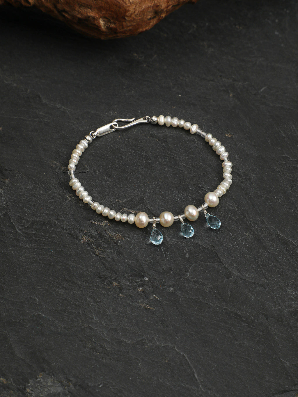 Faceted Blue Topaz Dangles & Freshwater Pearl /Emotional Healing & Clarity/ "Tears of the Sea" Bracelet