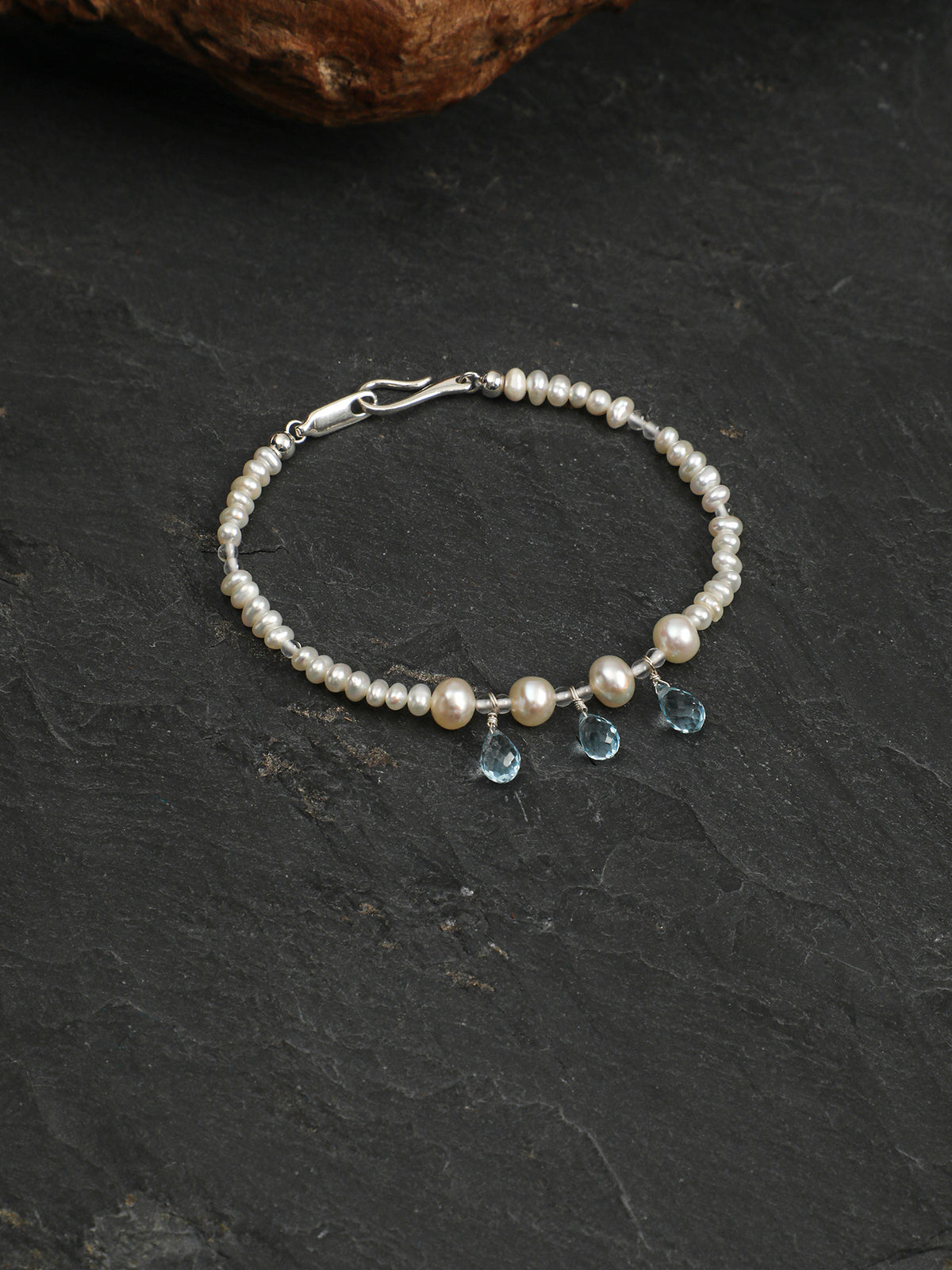 Faceted Blue Topaz Dangles & Freshwater Pearl /Emotional Healing & Clarity/ "Tears of the Sea" Bracelet