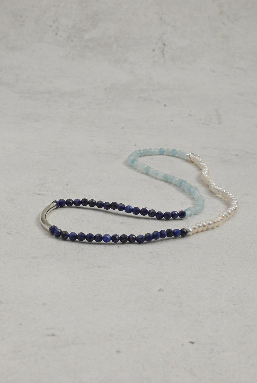 Aquamarine, Lapis Lazuli & Pearl/Confidence & Wisdom & Femininity/"Sunny Isle Silver Song" Triple Wrap Bracelet