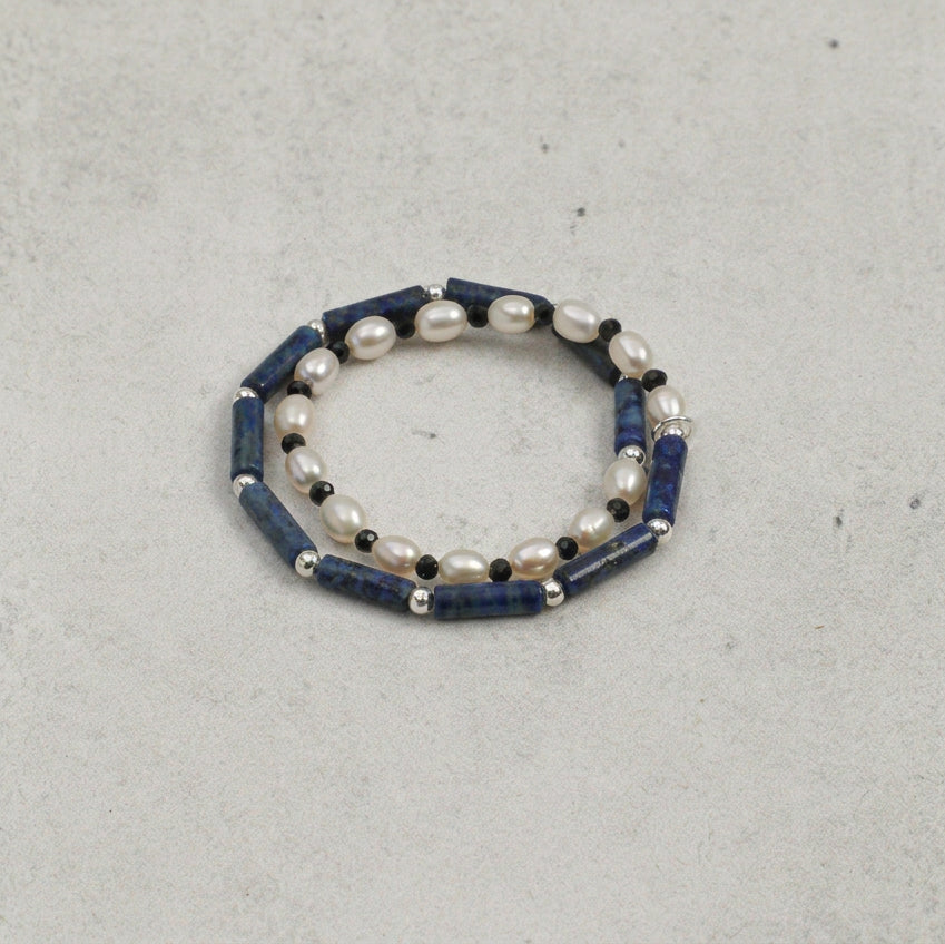 Lapis Lazuli, Black Tourmaline & Pearl/Wisdom & Protection & Femininity/"Lunar Shield" Double Wrap Bracelet