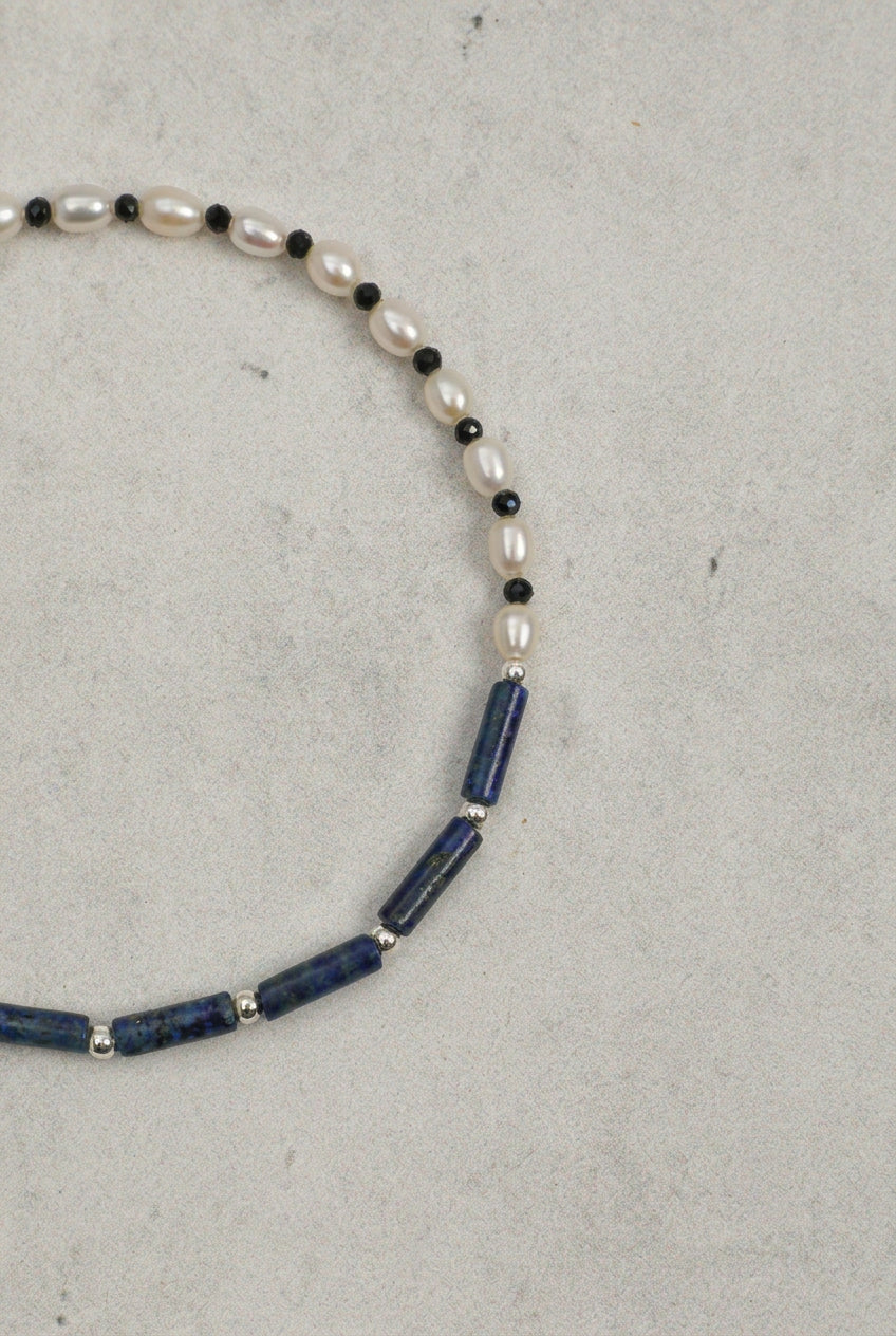 Lapis Lazuli, Black Tourmaline & Pearl/Wisdom & Protection & Femininity/"Lunar Shield" Double Wrap Bracelet