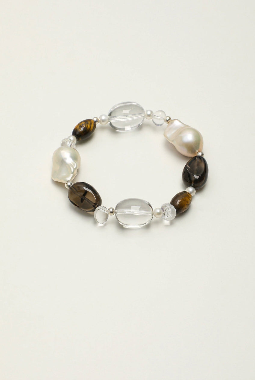 Tiger's Eye, Smoky Quartz & Baroque Pearl /Courage & Grounded Abundance/ "Amber Ripple" Bracelet