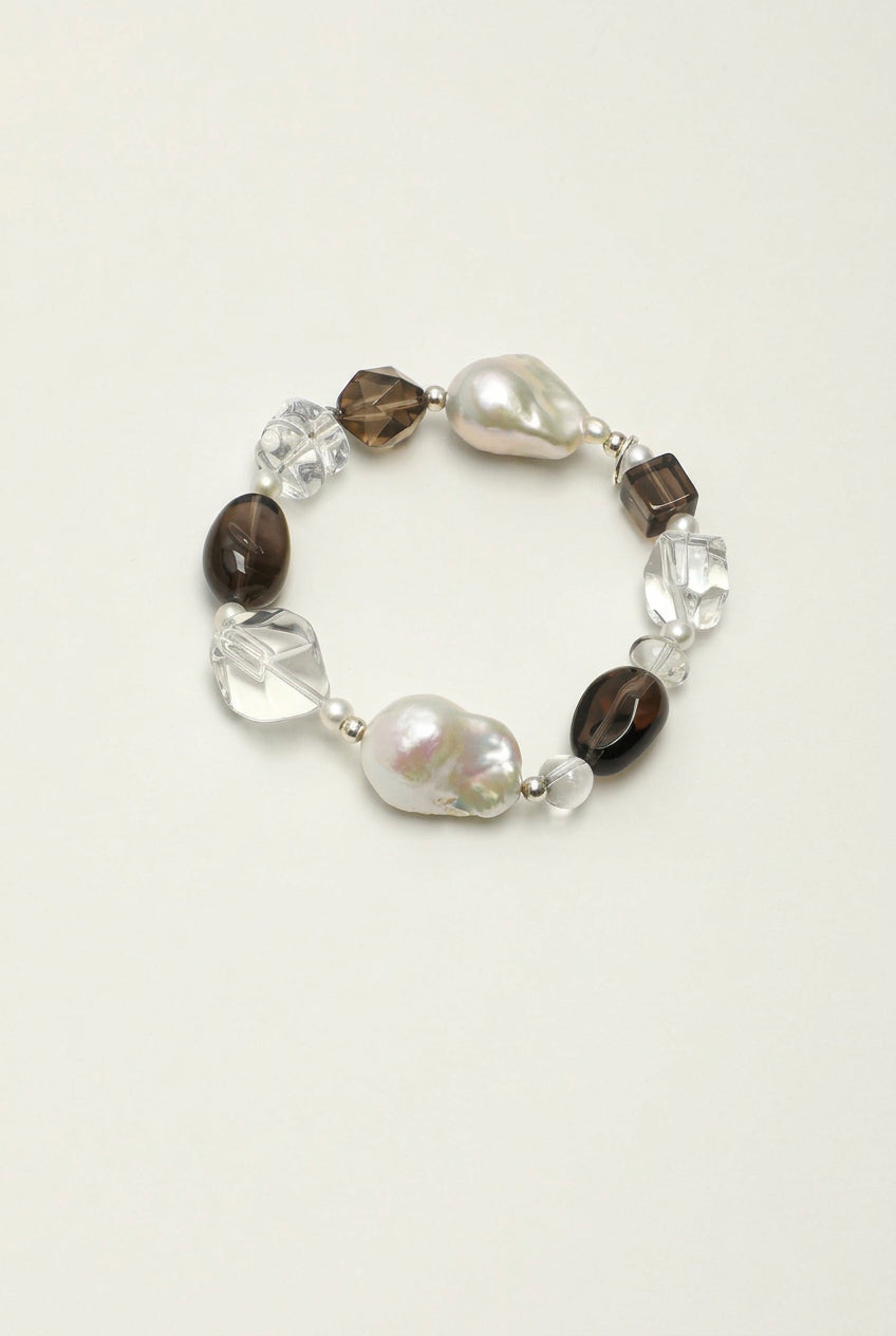 Smoky Quartz, Large Baroque Pearl & Clear Quartz /Grounding & Serenity/ "Inky Ripple" Bracelet