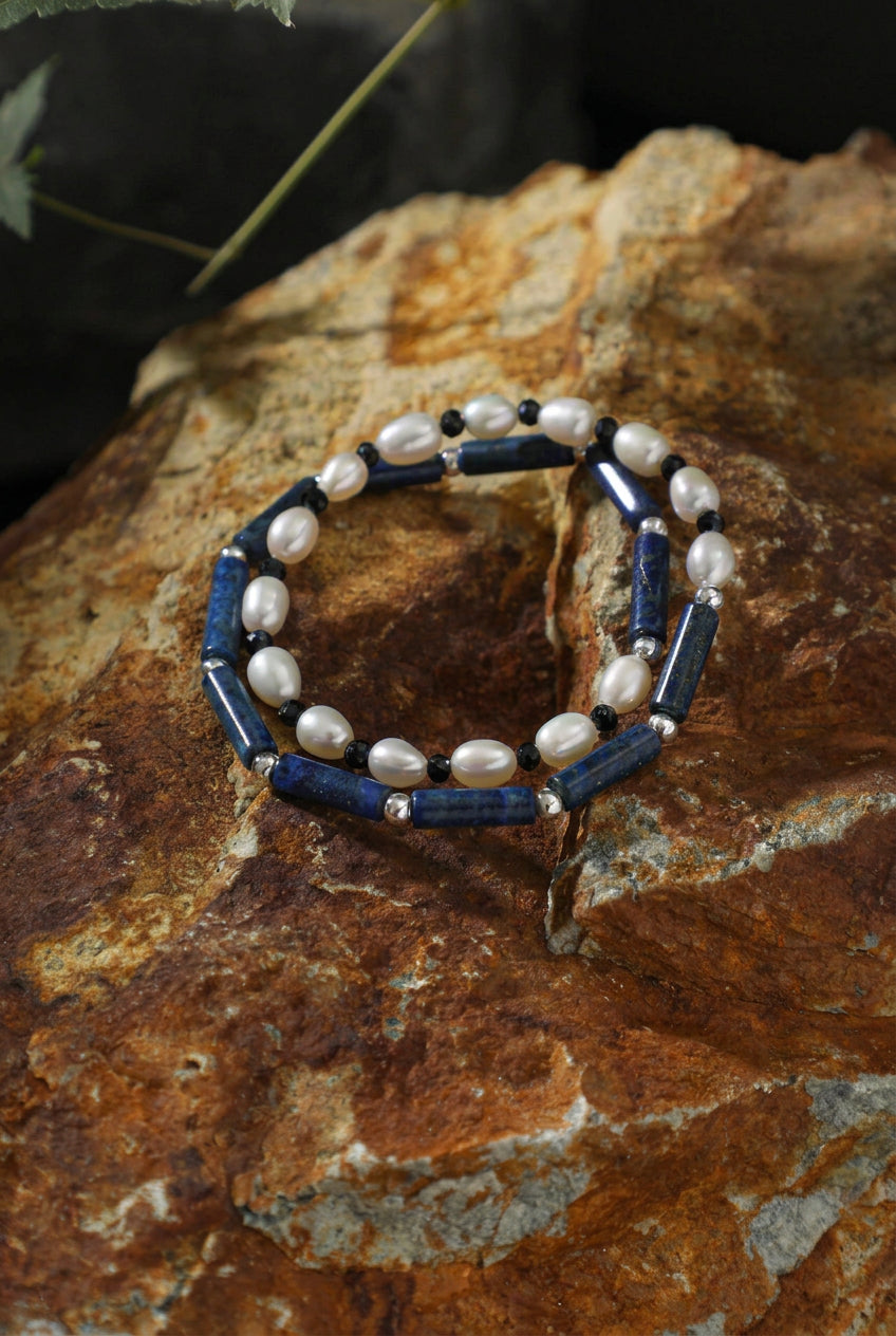 Lapis Lazuli, Black Tourmaline & Pearl/Wisdom & Protection & Femininity/"Lunar Shield" Double Wrap Bracelet