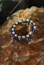 Lapis Lazuli, Black Tourmaline & Pearl/Wisdom & Protection & Femininity/"Lunar Shield" Double Wrap Bracelet