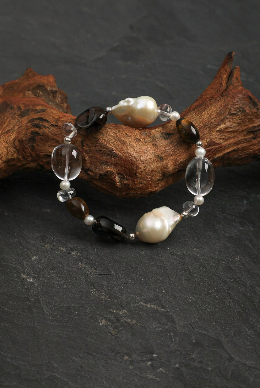 Tiger's Eye, Smoky Quartz & Baroque Pearl /Courage & Grounded Abundance/ "Amber Ripple" Bracelet