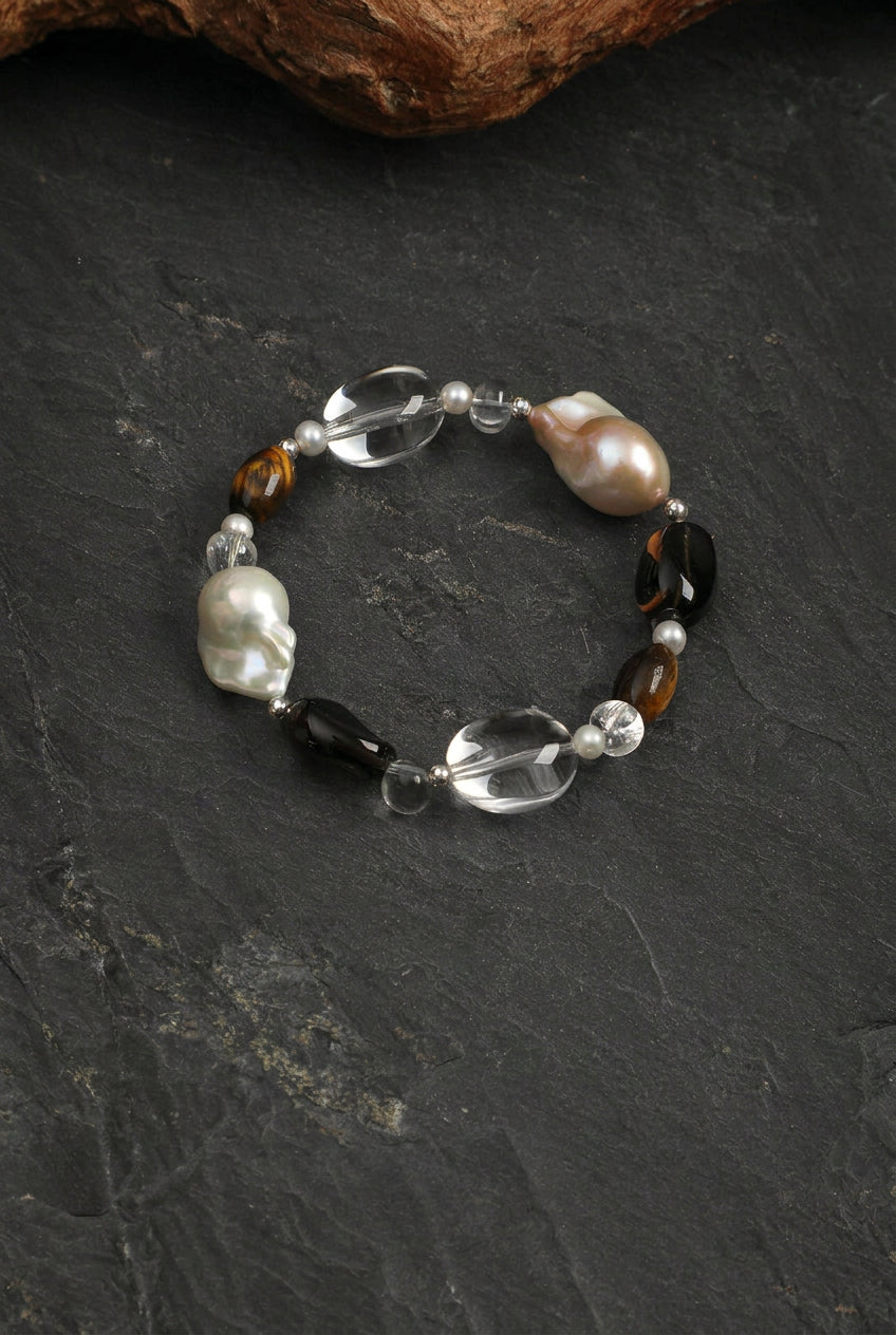Tiger's Eye, Smoky Quartz & Baroque Pearl /Courage & Grounded Abundance/ "Amber Ripple" Bracelet