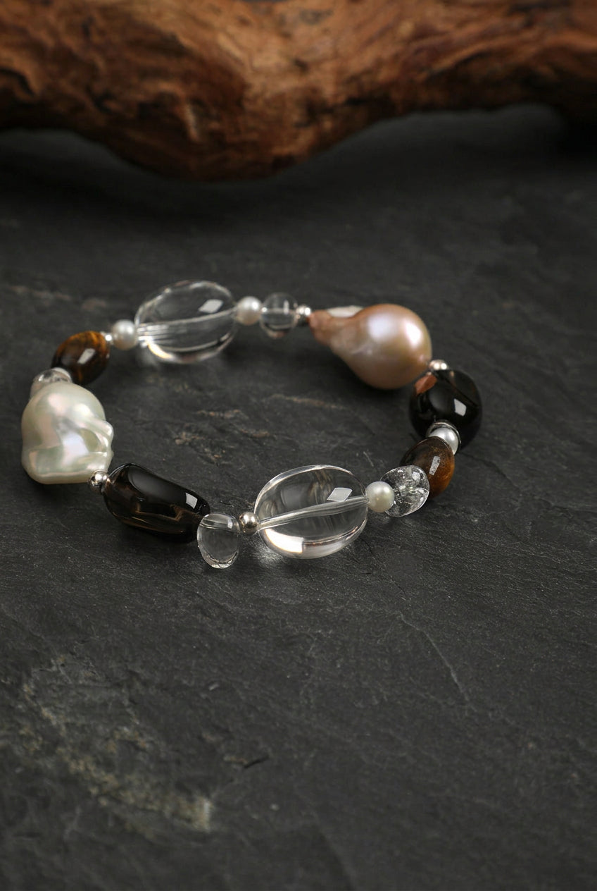 Tiger's Eye, Smoky Quartz & Baroque Pearl /Courage & Grounded Abundance/ "Amber Ripple" Bracelet