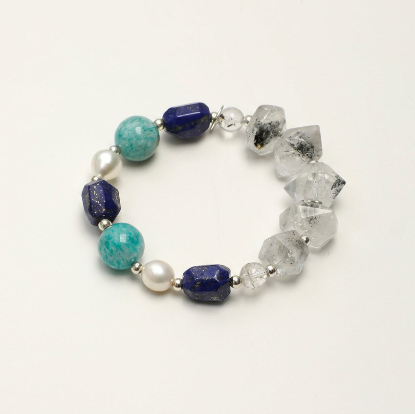 Lapis Lazuli, Amazonite & Black Herkimer Quartz /Wisdom & Calm Truth/ "Indigo Shore" Bracelet