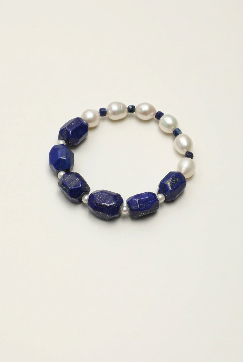 Faceted Lapis Lazuli & Freshwater Pearl /Wisdom & Inner Truth/ "Indigo Ripple" Bracelet