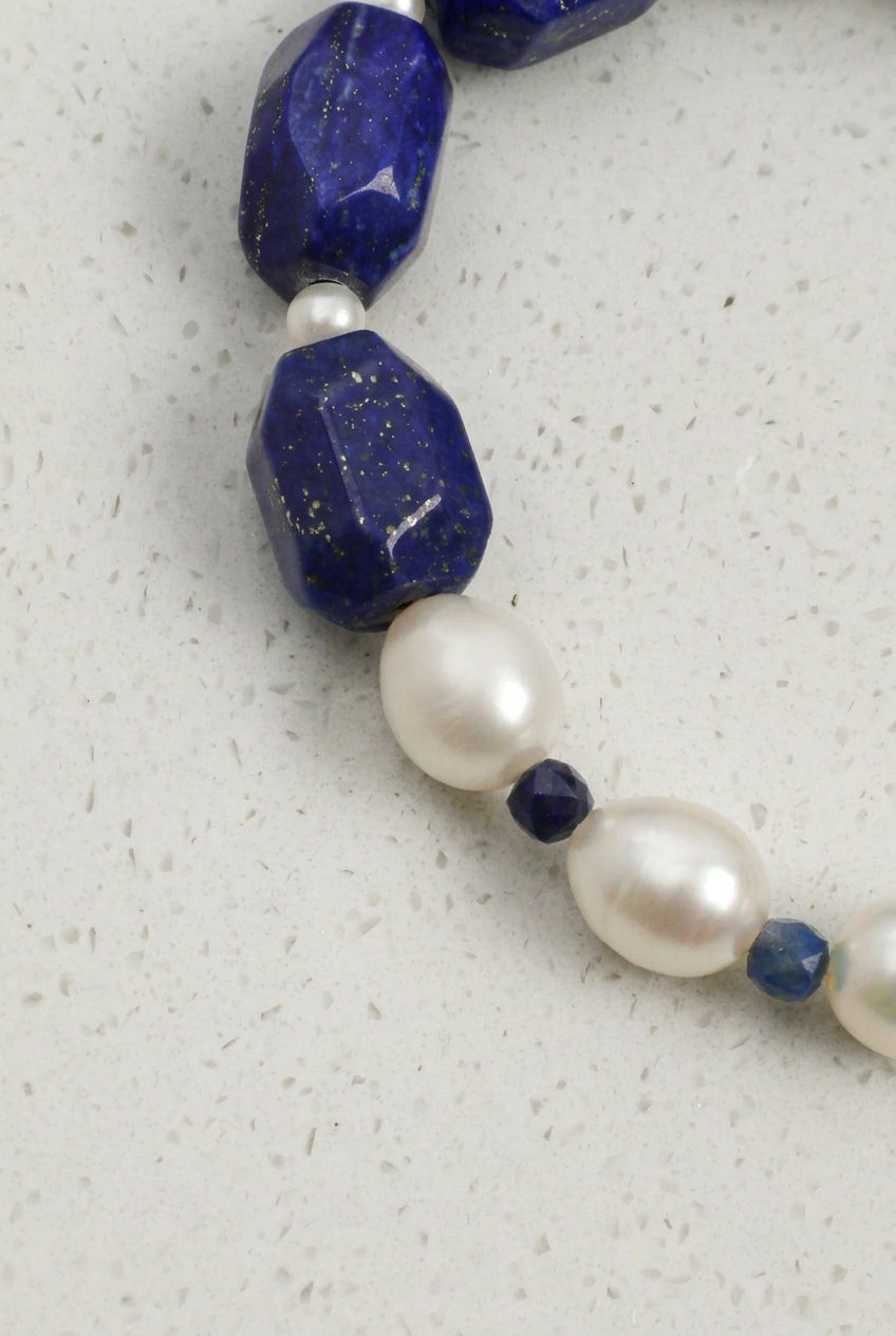 Faceted Lapis Lazuli & Freshwater Pearl /Wisdom & Inner Truth/ "Indigo Ripple" Bracelet