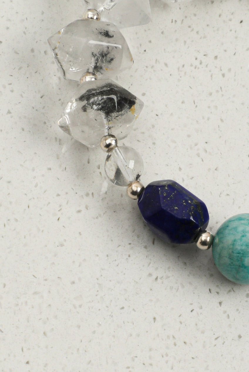 Lapis Lazuli, Amazonite & Black Herkimer Quartz /Wisdom & Calm Truth/ "Indigo Shore" Bracelet