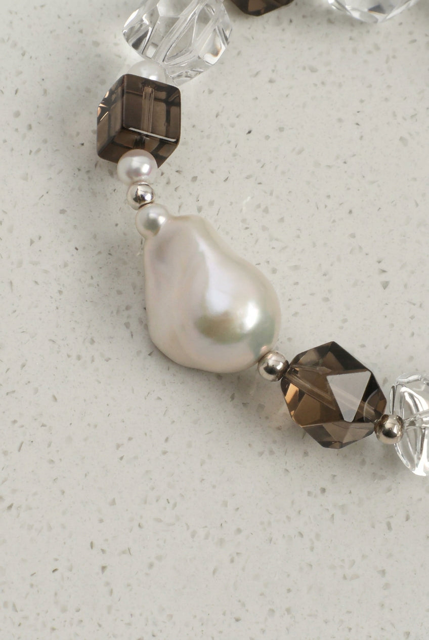 Smoky Quartz, Large Baroque Pearl & Clear Quartz /Grounding & Serenity/ "Inky Ripple" Bracelet