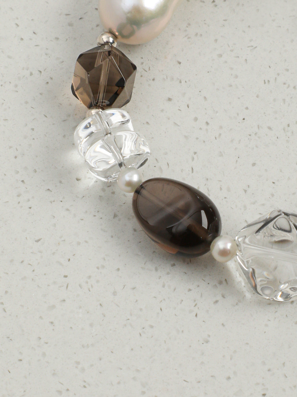 Smoky Quartz, Large Baroque Pearl & Clear Quartz /Grounding & Serenity/ "Inky Ripple" Bracelet
