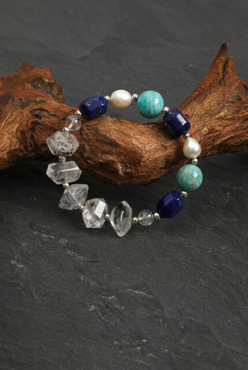Lapis Lazuli, Amazonite & Black Herkimer Quartz /Wisdom & Calm Truth/ "Indigo Shore" Bracelet