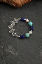 Lapis Lazuli, Amazonite & Black Herkimer Quartz /Wisdom & Calm Truth/ "Indigo Shore" Bracelet