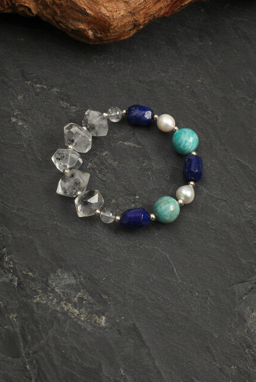 Lapis Lazuli, Amazonite & Black Herkimer Quartz /Wisdom & Calm Truth/ "Indigo Shore" Bracelet