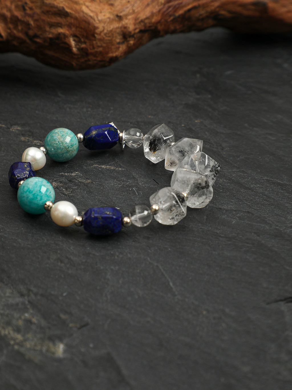 Lapis Lazuli, Amazonite & Black Herkimer Quartz /Wisdom & Calm Truth/ "Indigo Shore" Bracelet
