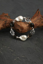 Smoky Quartz, Large Baroque Pearl & Clear Quartz /Grounding & Serenity/ "Inky Ripple" Bracelet