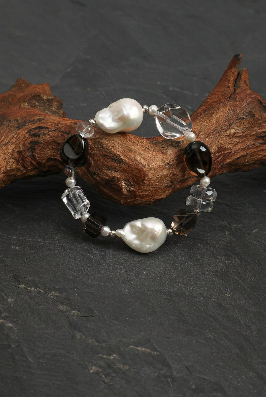 Smoky Quartz, Large Baroque Pearl & Clear Quartz /Grounding & Serenity/ "Inky Ripple" Bracelet