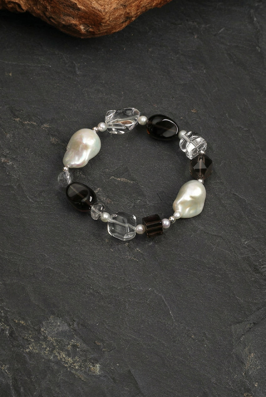 Smoky Quartz, Large Baroque Pearl & Clear Quartz /Grounding & Serenity/ "Inky Ripple" Bracelet
