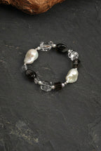Smoky Quartz, Large Baroque Pearl & Clear Quartz /Grounding & Serenity/ "Inky Ripple" Bracelet