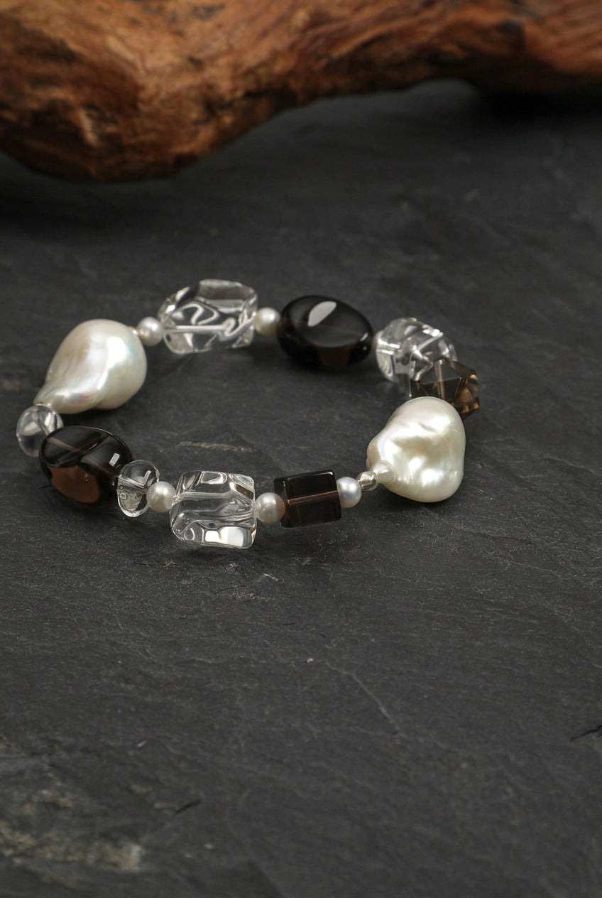 Smoky Quartz, Large Baroque Pearl & Clear Quartz /Grounding & Serenity/ "Inky Ripple" Bracelet
