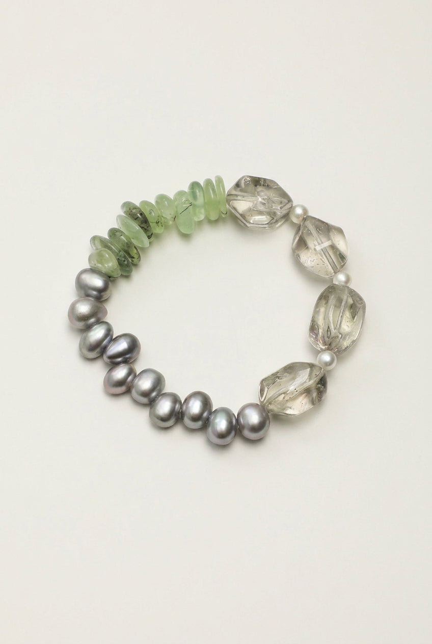 Green Quartz, Prehnite & Grey Pearl /Heart Renewal & Serenity/ "Verdant Ripple" Bracelet
