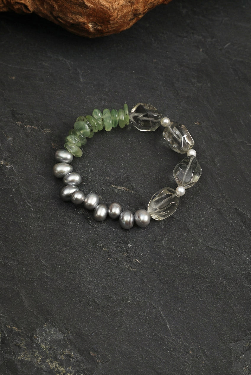 Green Quartz, Prehnite & Grey Pearl /Heart Renewal & Serenity/ "Verdant Ripple" Bracelet
