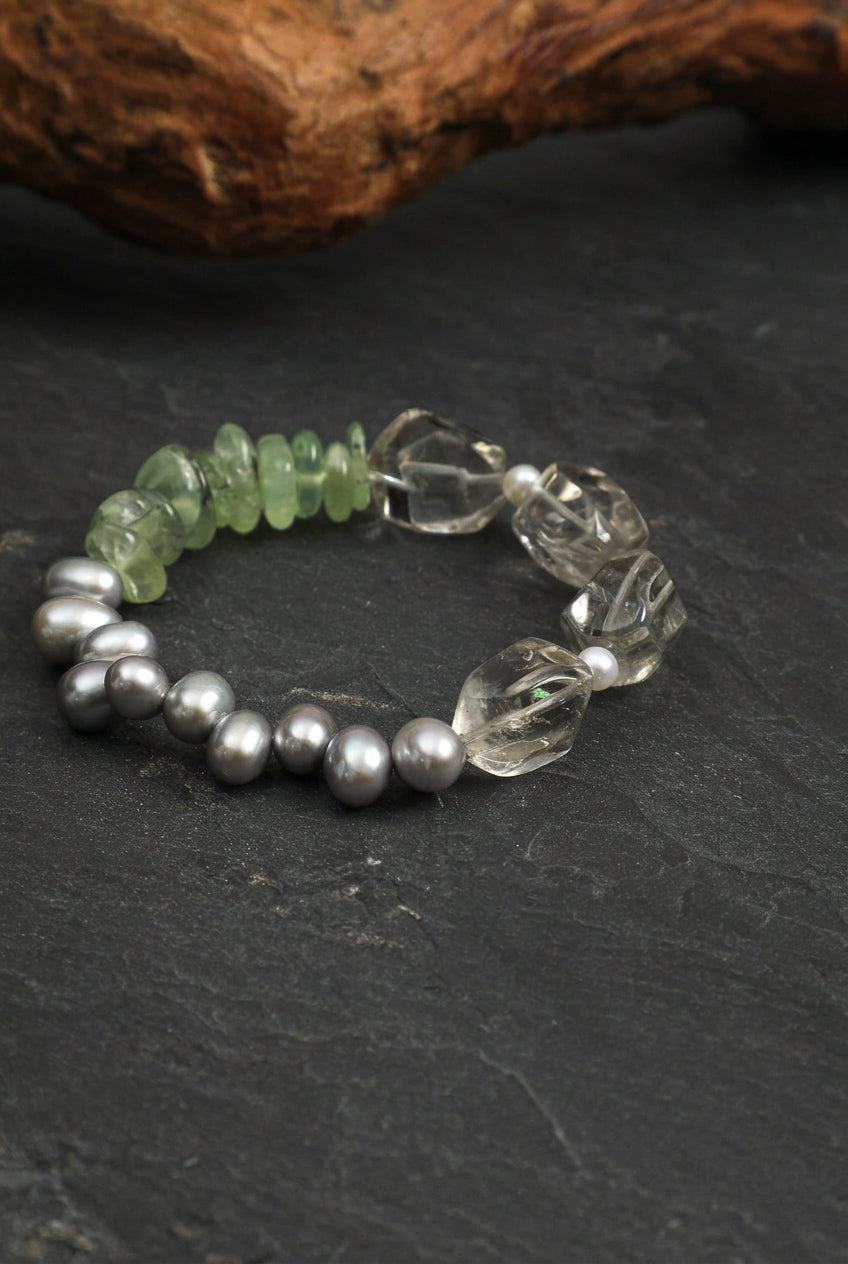 Green Quartz, Prehnite & Grey Pearl /Heart Renewal & Serenity/ "Verdant Ripple" Bracelet