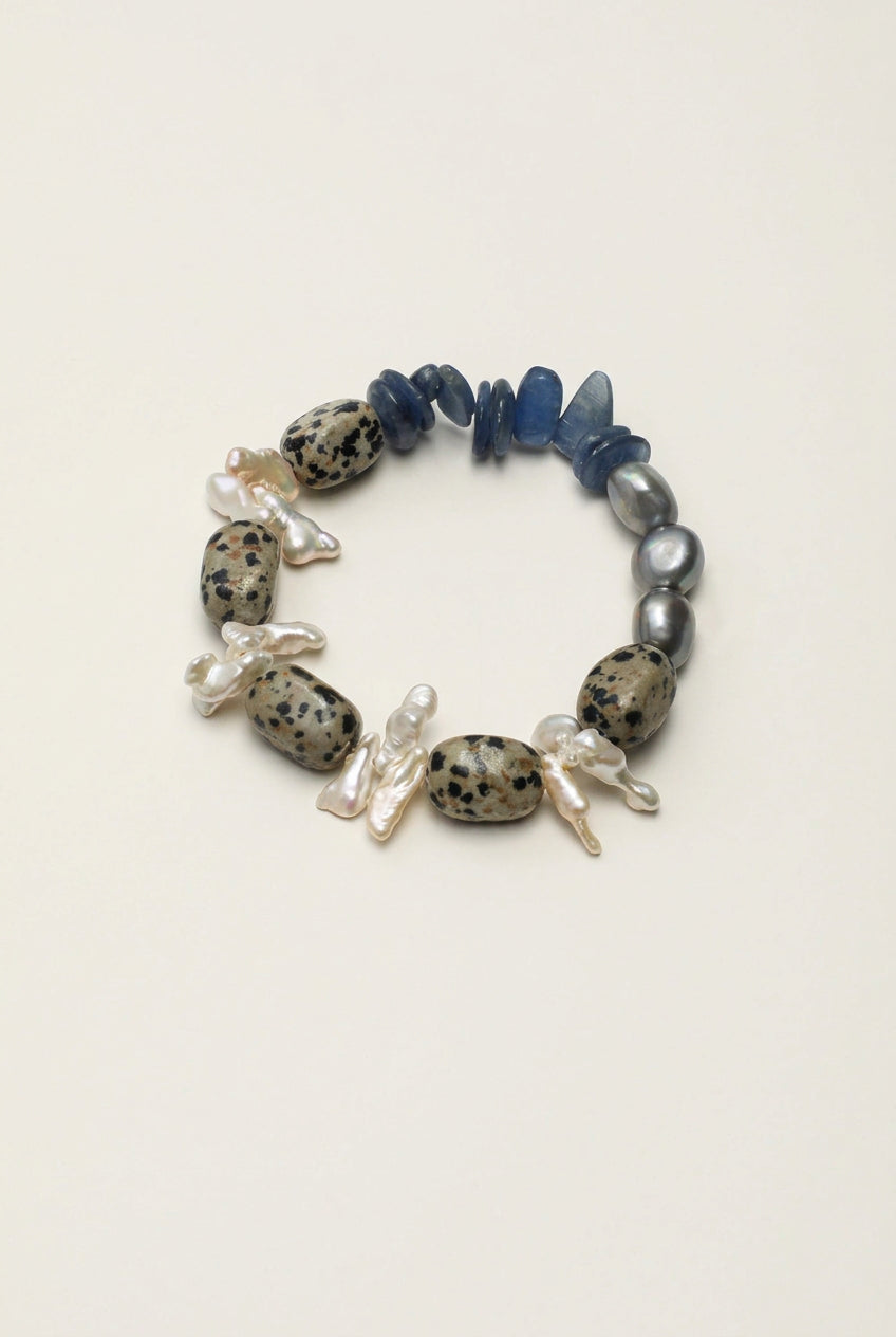 Blue Kyanite, Dalmatian Jasper & Tooth Baroque Pearl /Alignment & Joy/ "Azure Ripple" Bracelet