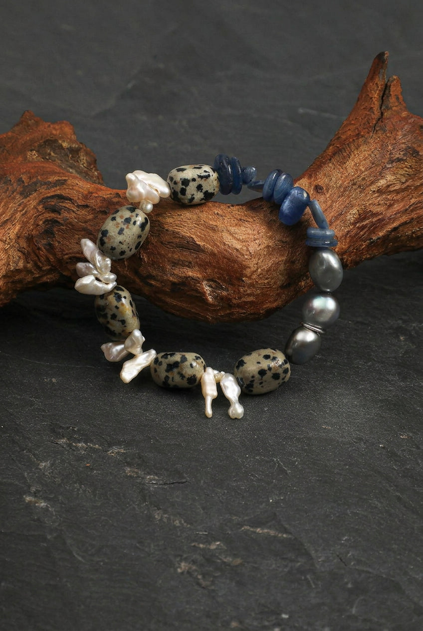 Blue Kyanite, Dalmatian Jasper & Tooth Baroque Pearl /Alignment & Joy/ "Azure Ripple" Bracelet
