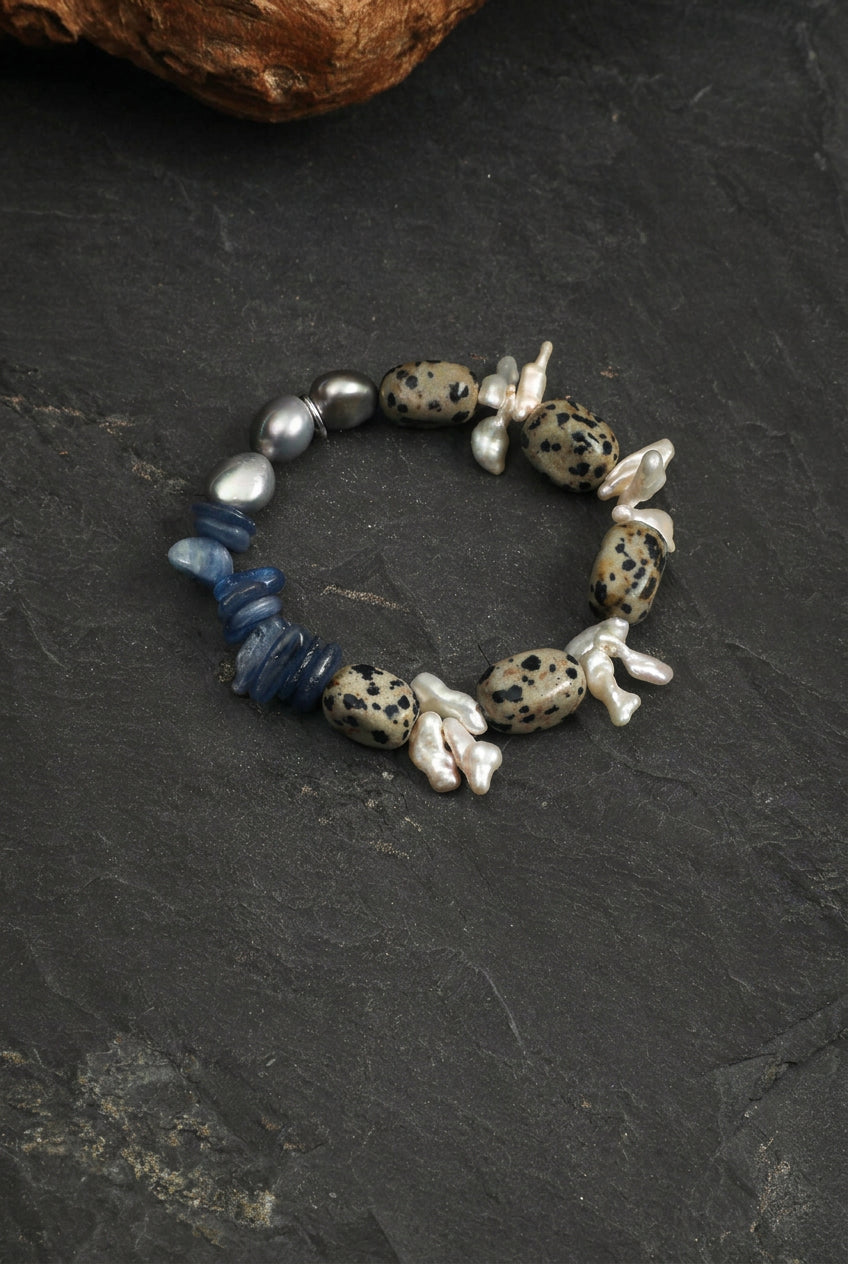 Blue Kyanite, Dalmatian Jasper & Tooth Baroque Pearl /Alignment & Joy/ "Azure Ripple" Bracelet
