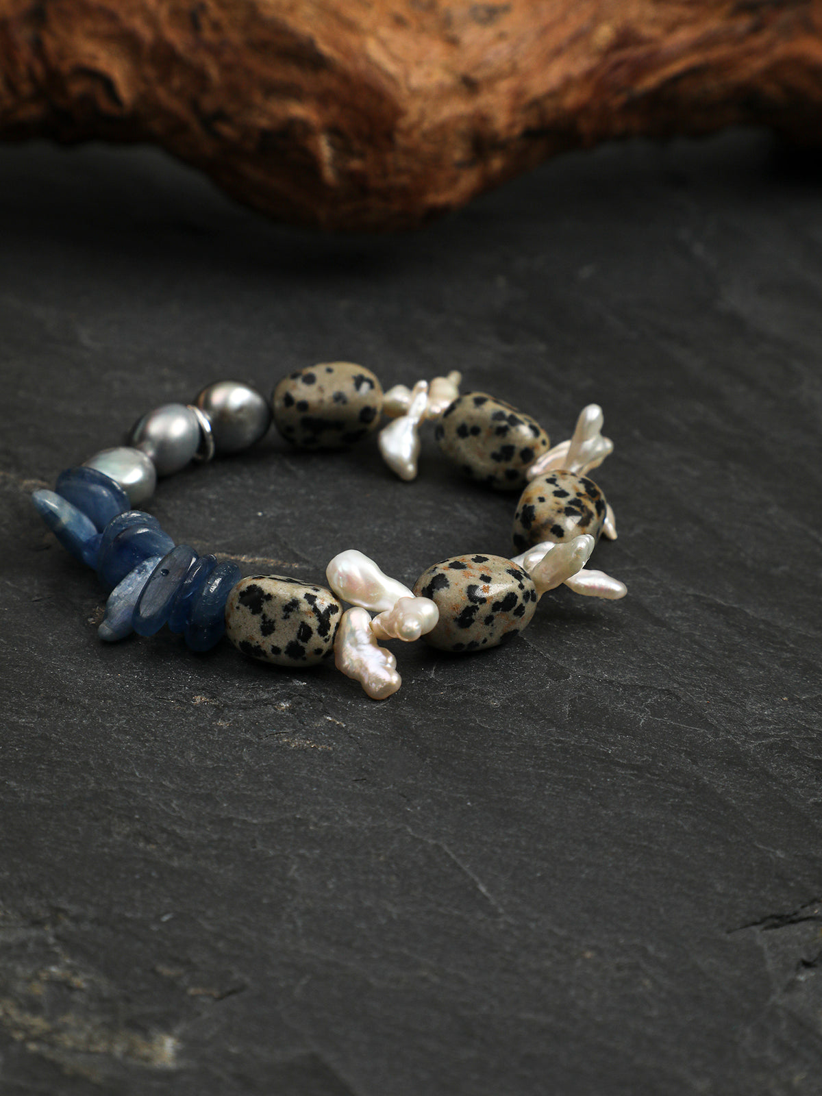 Blue Kyanite, Dalmatian Jasper & Tooth Baroque Pearl /Alignment & Joy/ "Azure Ripple" Bracelet