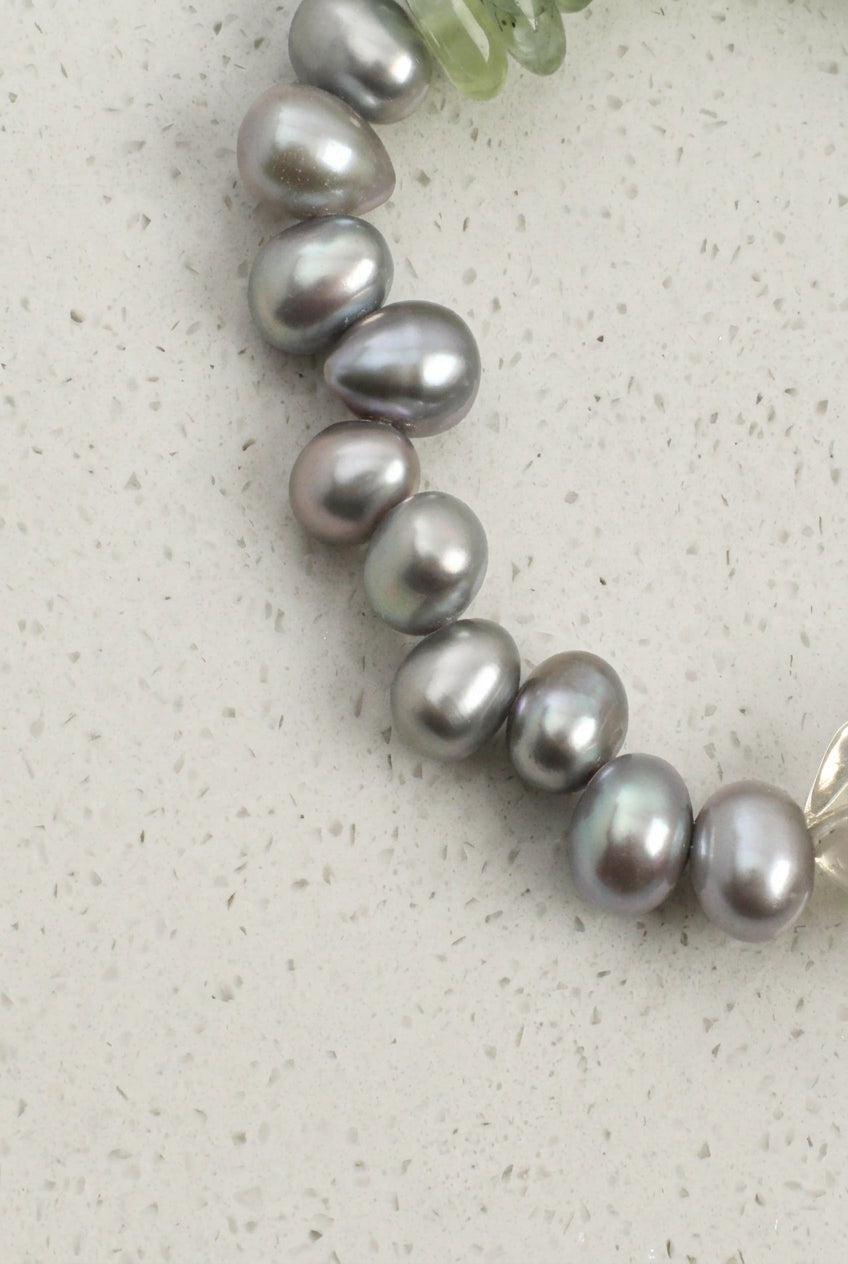 Green Quartz, Prehnite & Grey Pearl /Heart Renewal & Serenity/ "Verdant Ripple" Bracelet