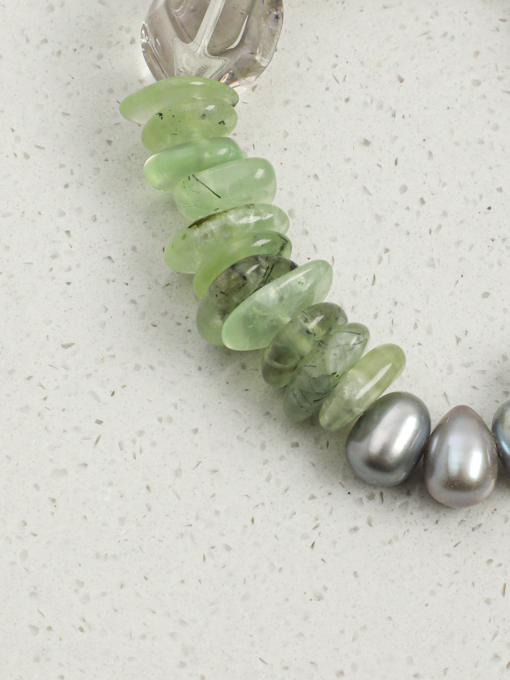 Green Quartz, Prehnite & Grey Pearl /Heart Renewal & Serenity/ "Verdant Ripple" Bracelet