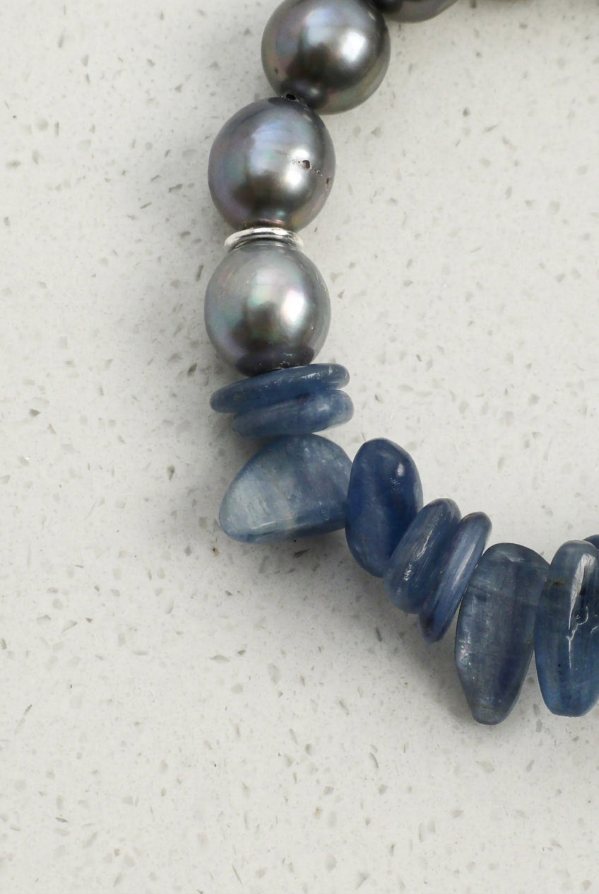 Blue Kyanite, Dalmatian Jasper & Tooth Baroque Pearl /Alignment & Joy/ "Azure Ripple" Bracelet