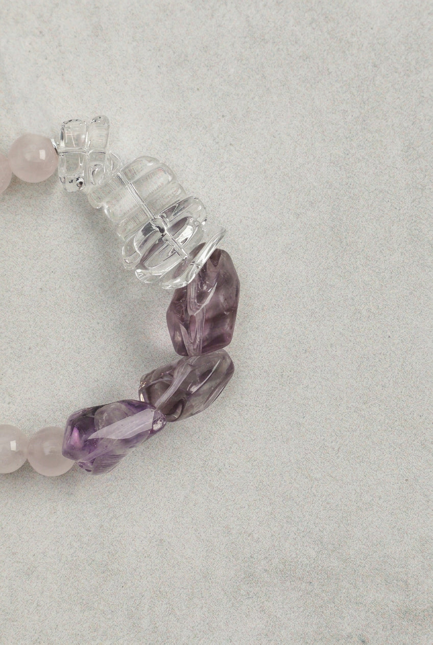 Amethyst, Rose Quartz & Clear Quartz /Inner Peace & Self-Love & Amplification/"Rosy Luminescence" Bracelet