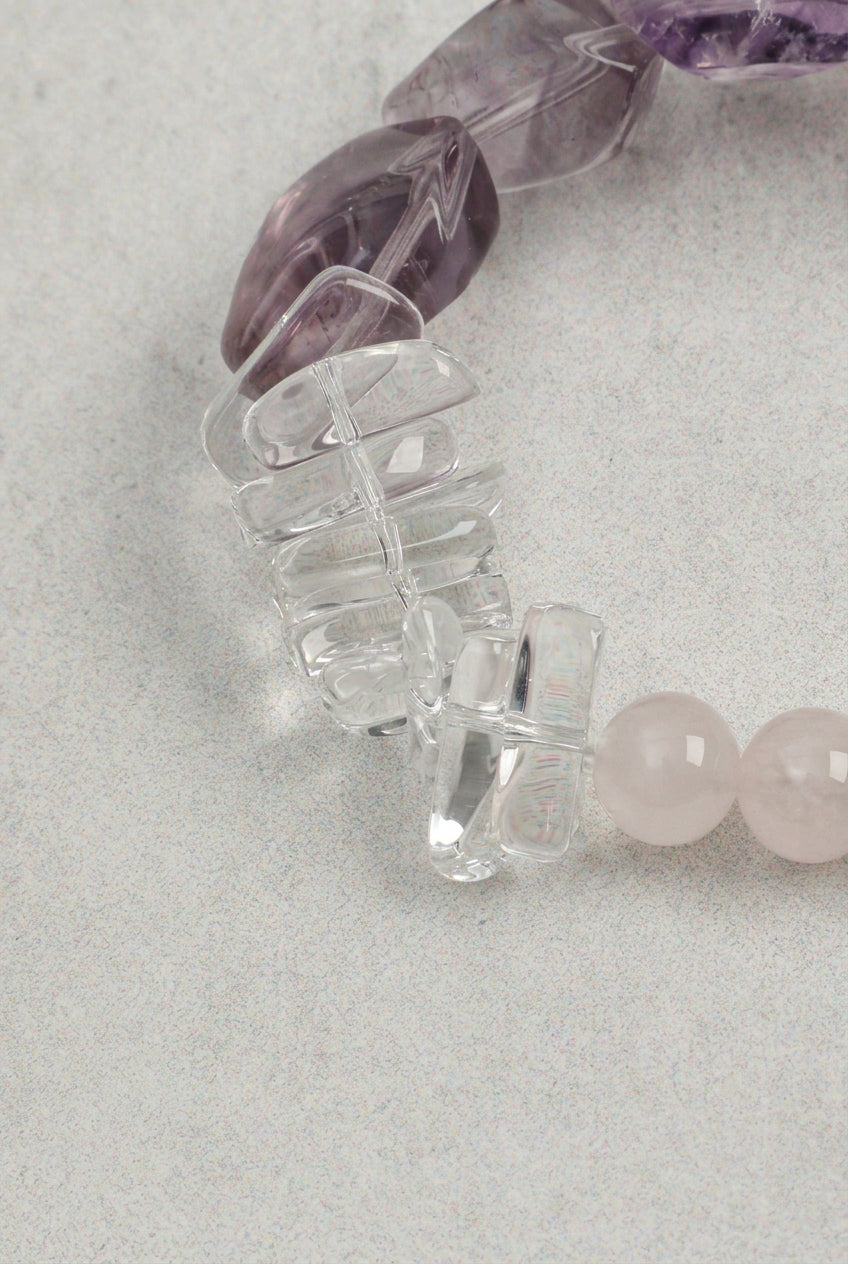Amethyst, Rose Quartz & Clear Quartz /Inner Peace & Self-Love & Amplification/"Rosy Luminescence" Bracelet