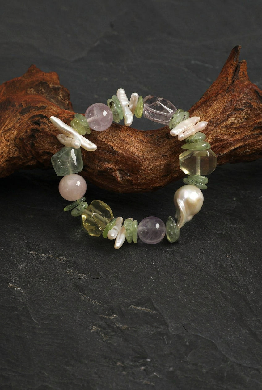 Prehnite, Multi-Gemstone & Baroque Pearl /Heart Harmony & Joy/ "Verdant Mirage" Bracelet
