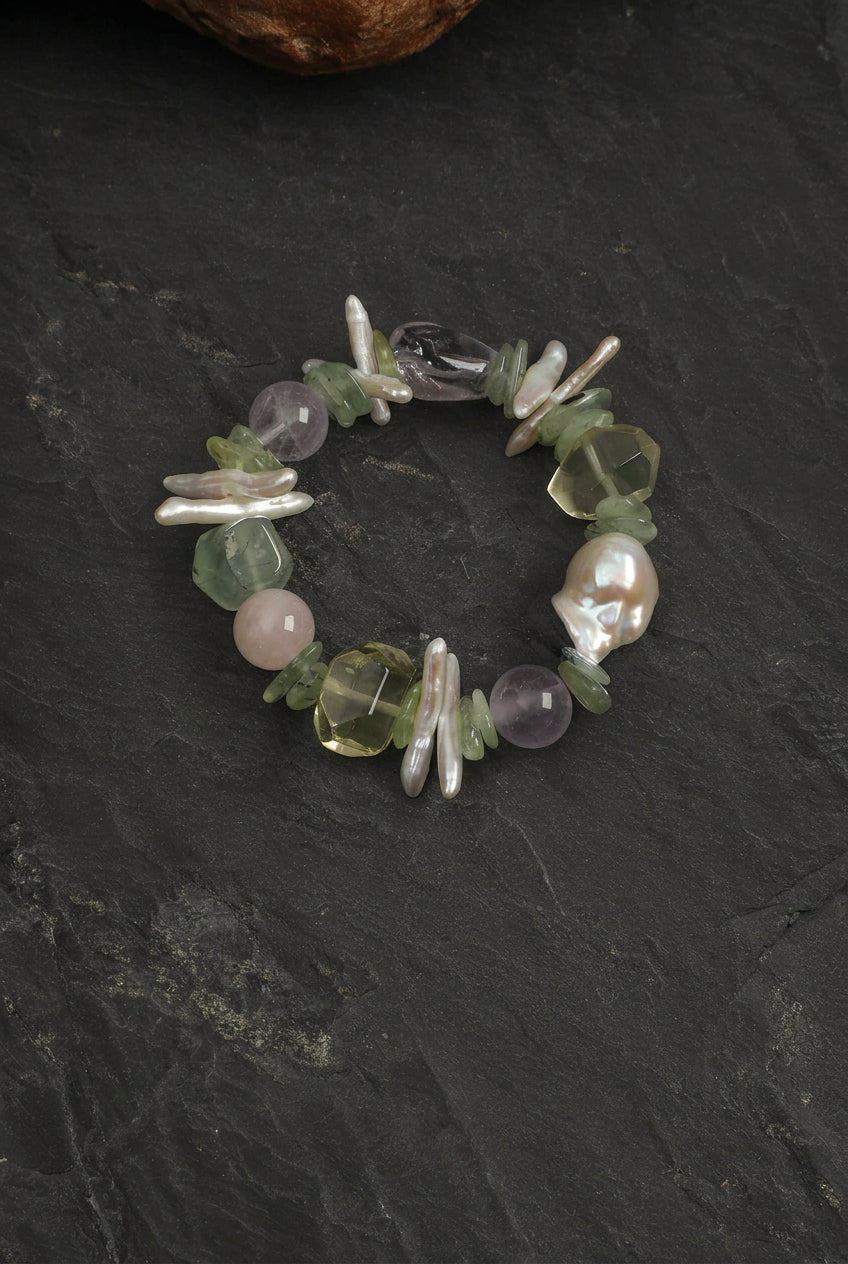 Prehnite, Multi-Gemstone & Baroque Pearl /Heart Harmony & Joy/ "Verdant Mirage" Bracelet