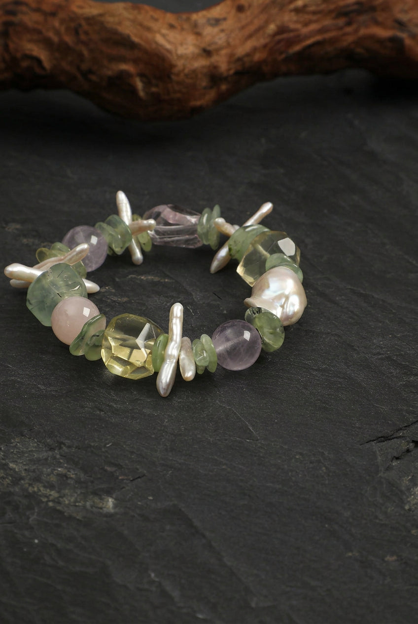 Prehnite, Multi-Gemstone & Baroque Pearl /Heart Harmony & Joy/ "Verdant Mirage" Bracelet
