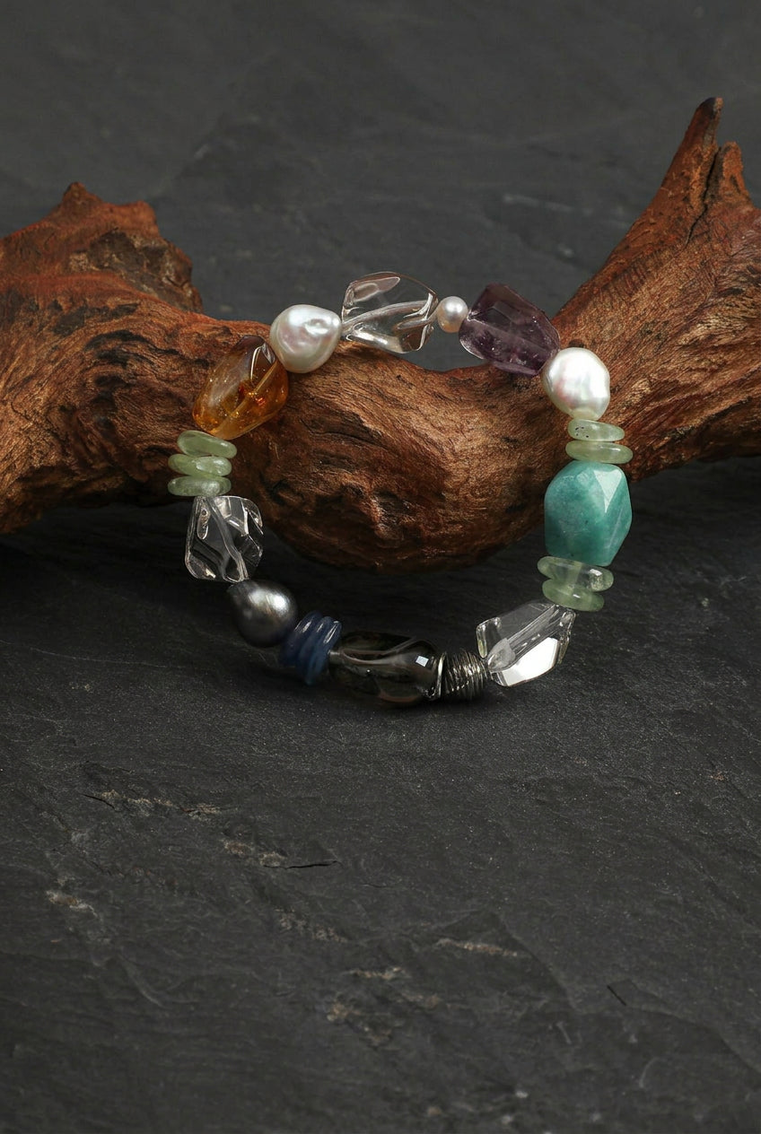 Multi-Gemstone, Blue Kyanite & Baroque Pearl /Chakra Alignment & Clarity/ "Prismatic Ripple" Bracelet