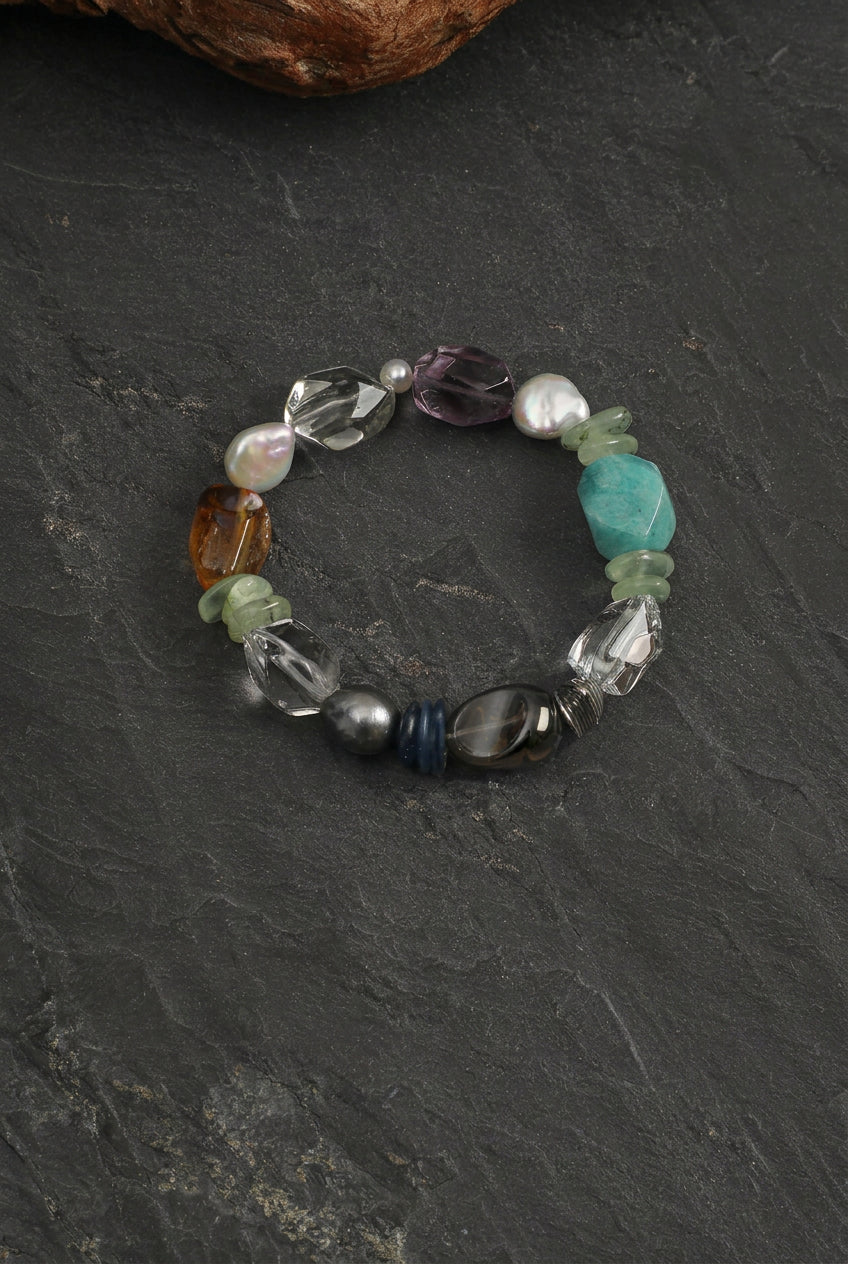 Multi-Gemstone, Blue Kyanite & Baroque Pearl /Chakra Alignment & Clarity/ "Prismatic Ripple" Bracelet