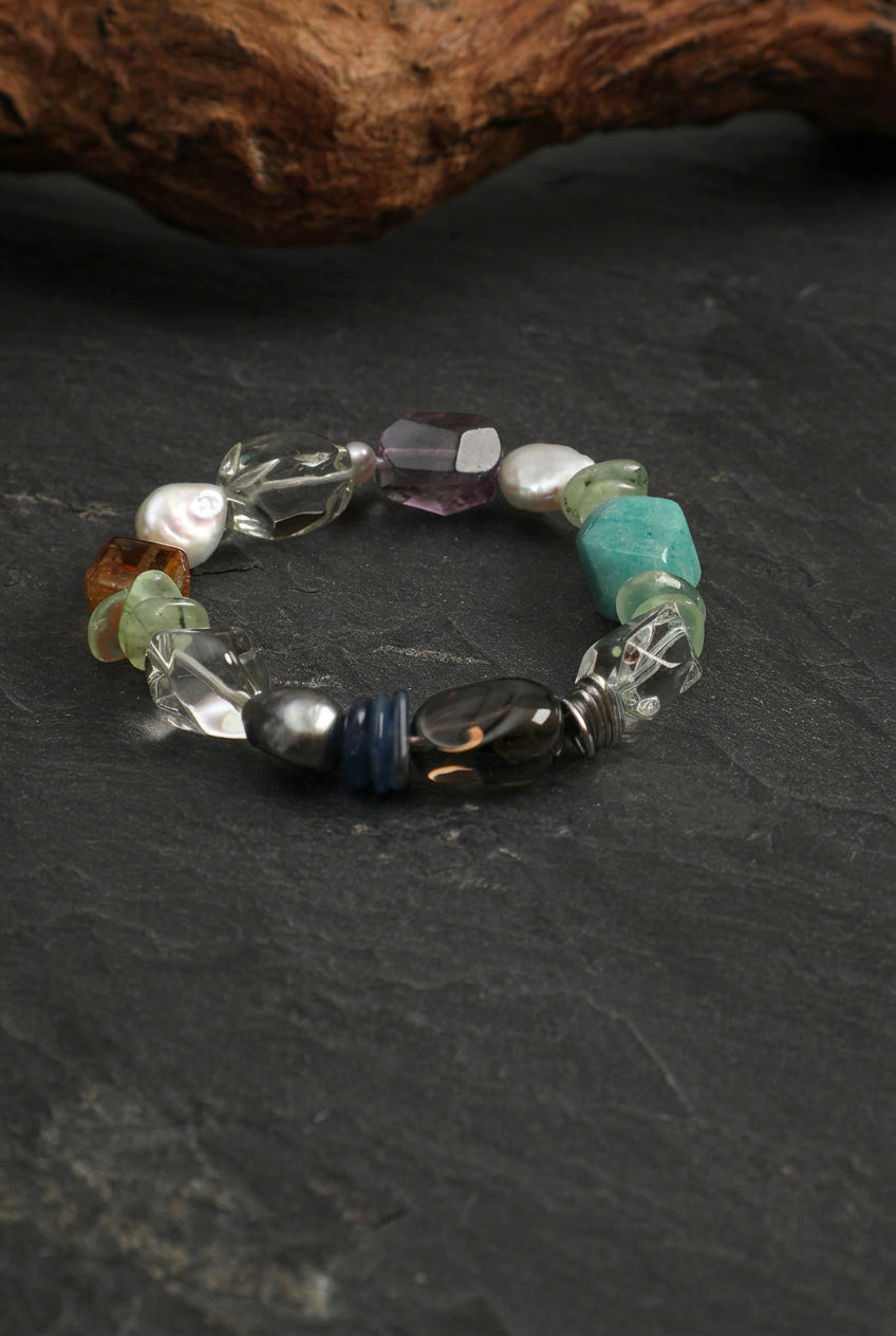 Multi-Gemstone, Blue Kyanite & Baroque Pearl /Chakra Alignment & Clarity/ "Prismatic Ripple" Bracelet