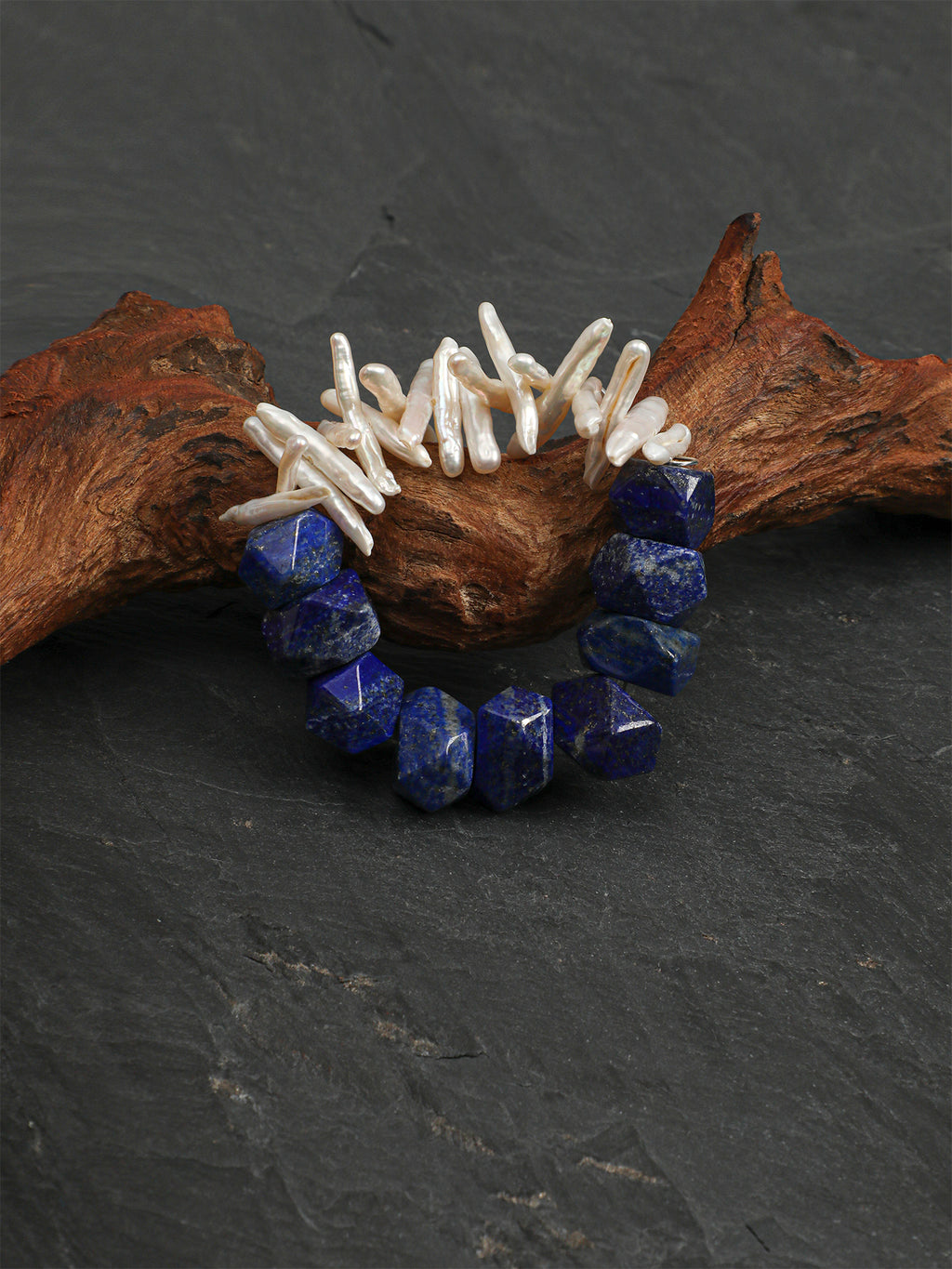 Faceted Lapis Lazuli & Stick Baroque Pearl /Wisdom & Intuition/ "Astral Branch" Split Bracelet