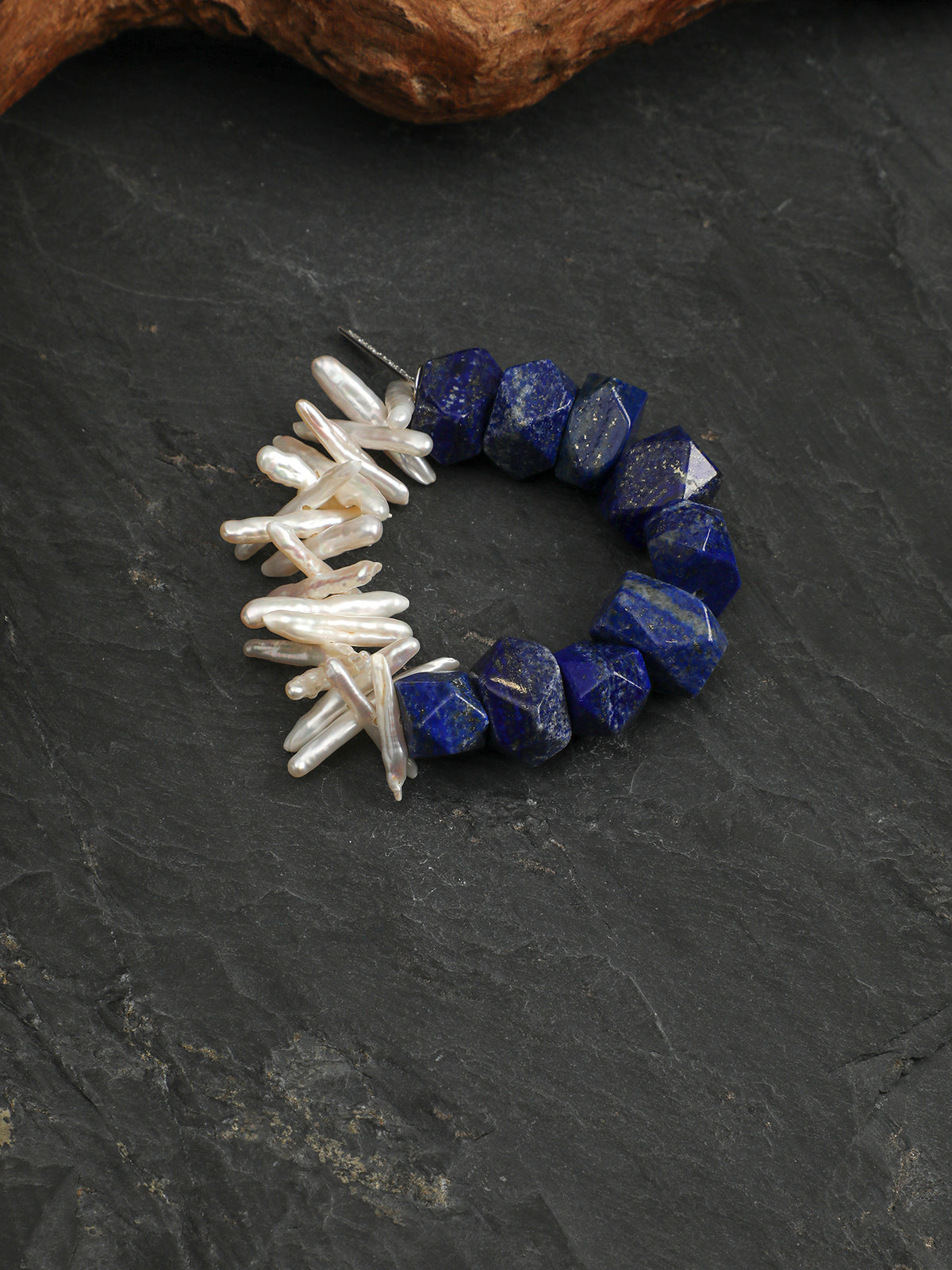 Faceted Lapis Lazuli & Stick Baroque Pearl /Wisdom & Intuition/ "Astral Branch" Split Bracelet