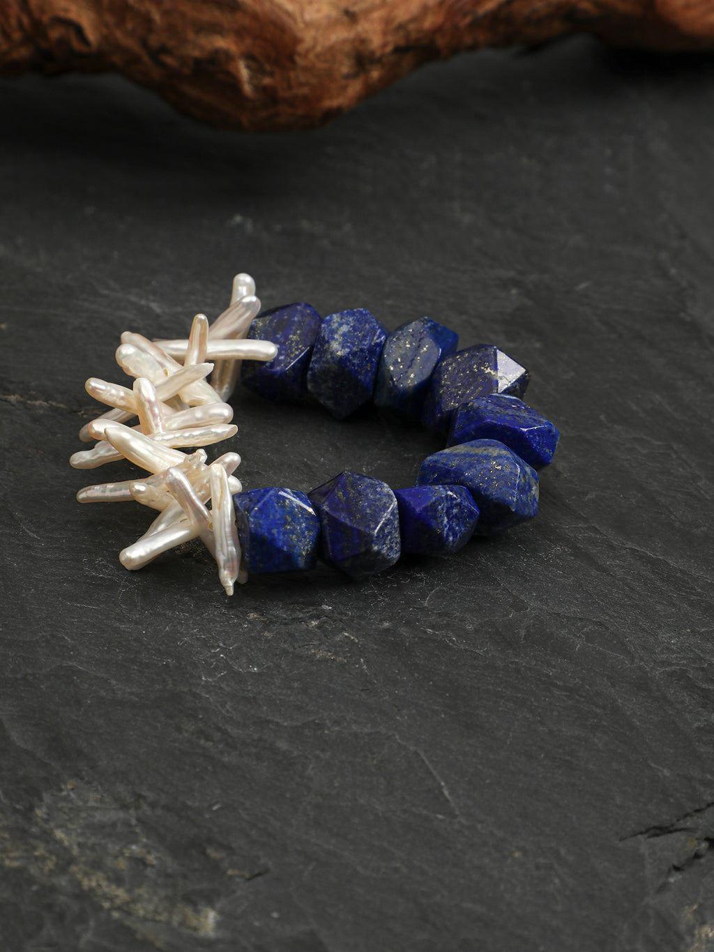 Faceted Lapis Lazuli & Stick Baroque Pearl /Wisdom & Intuition/ "Astral Branch" Split Bracelet